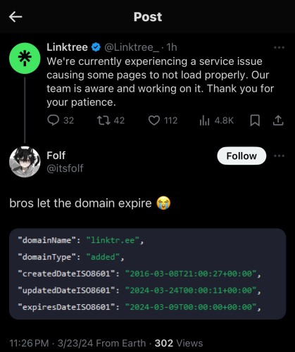 Screenshot of Twitter post from Linktree saying they’re having a “service issue” with someone replying with proof that they let their domain expire