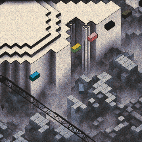 Abstract digital artwork. An isometric view of grey and white cubes stacked to form irregular stacks. A girder bar is running over them, and some rectangular boxes that resemble cargo containers hover in the air above the cubes. The outline of a white structure or building stretches from the ground to the level of the containers.