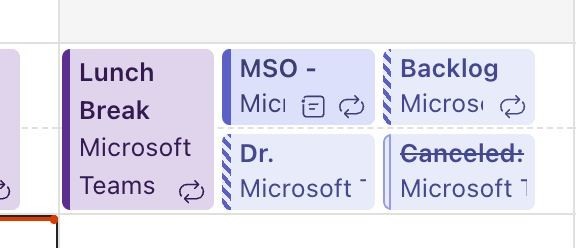 Outlook calendar showing 4 other meetings during lunch (but one is cancelled)