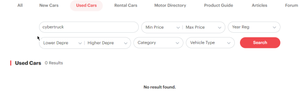 Screenshot of car car sales site showing zero used cybertrucks for sale