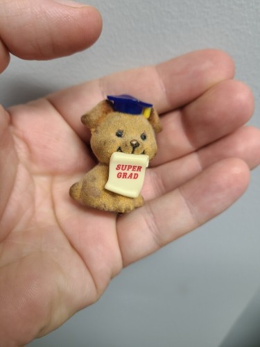 White person's hand holding a tiny, faded brown puppy toy with a blue mortar board on its head. In it's mouth, the puppy is holding a diploma paper that reads, in all capital letter, "Super Grad." The puppy had a layer of some kind of velvety material on the surface which is spotty as it has clearly faded over the years.