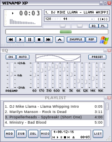 Camptura de pantalla del programa Winamp con la skin "Winamp XP" 