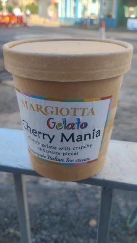 A tub of Margiotta's Cherry Mania ice-cream
