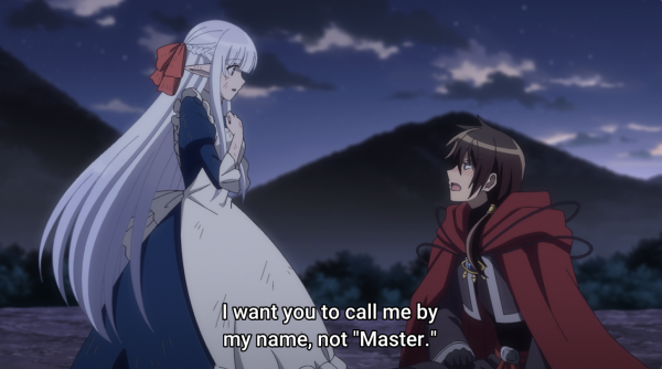 Anime screenshot of a man kneeling before an elf
Subtitle: I want you to call me mby my name, not "Master"