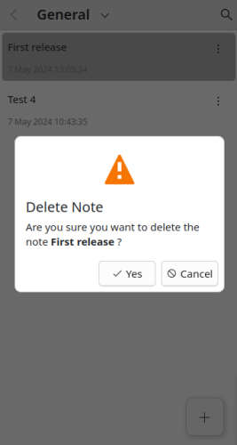 Picture of a dialog with a mobile form factor. The dialog shows a "delete note" message with a warning button on top and a "Yes" and "Cancel" button on the bottom