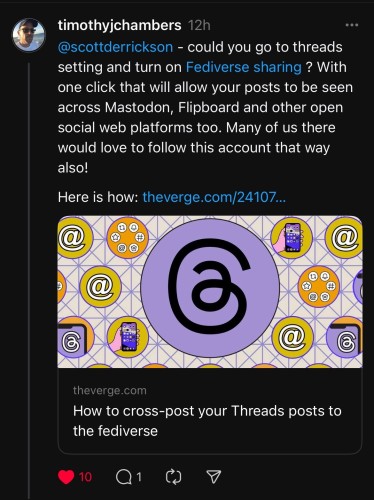 A screenshot of a social media post asking @scottderrickson to enable Fediverse sharing to cross-post to platforms like Mastodon and Flipboard, with a graphic showing interconnected social media symbols and a link to an article on 'The Verge
