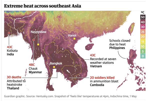 Map of South East Asia, Snapshot of ‘feels like’ temperatures at 4pm, Indochina time, 1 May