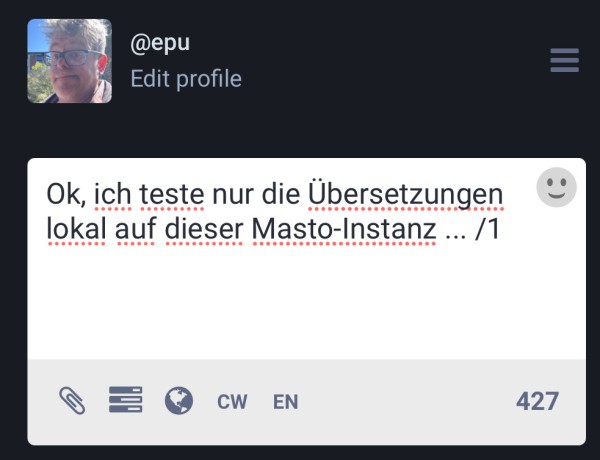 A screenshot of the mastodon web posting interface with German text entered, and English language post settings.