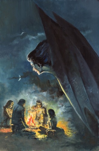 On a moonlit night, four campers around a fire are unaware of the approach of a lady with giant bat wings.