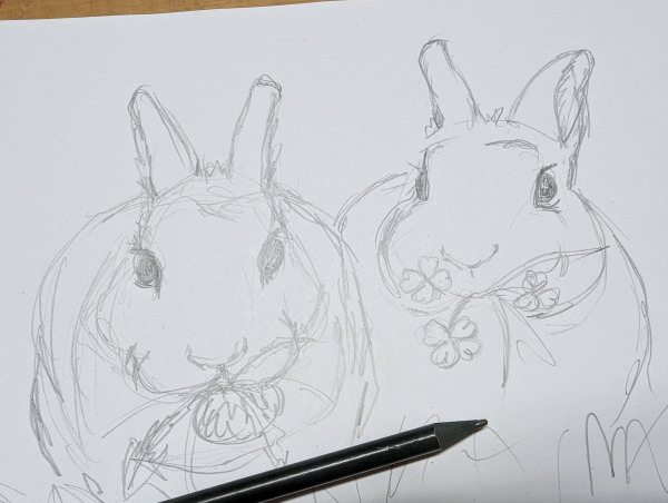 Black and white pencil sketch of two cute bunnies sitting in a medow and enjoying dandelions and clover by Karen Kaspar
