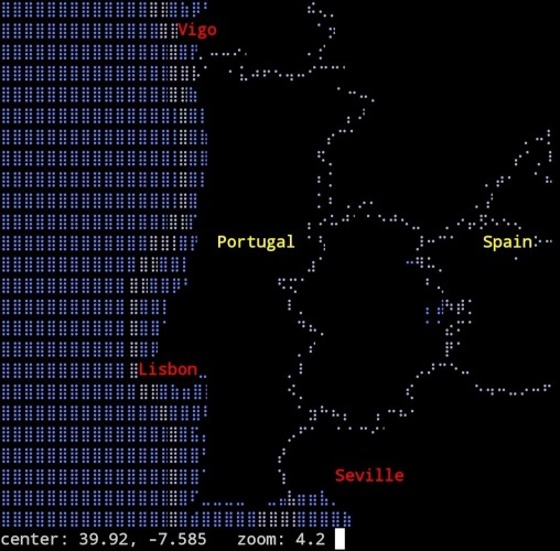 An ascii map zoomed over Portugal