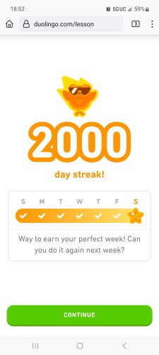 A phone screenshot from the Duolingo website, commemorating the 2000-day learning streak I have accomplished
