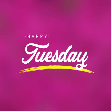 An image with a purple like background and the words Happy Tuesday in a white font with a yellow line under the word Tuesday.