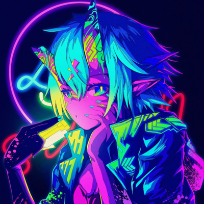 Yassie's old profile picture, depicting a purple oni with blue hair and neon green highlights.