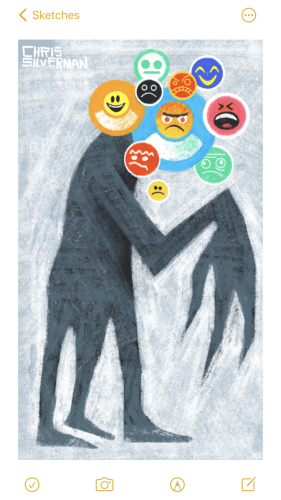 A gray monster with three legs and one large arm with a huge, clawlike hand. The hand has three figures and is about half the size of the monster. The monster's head is obscured by—or perhaps composed of—a number of colored circles with small, emoji-like faces in them. Most are angry or unhappy-looking. The monster is on a light gray textured background.