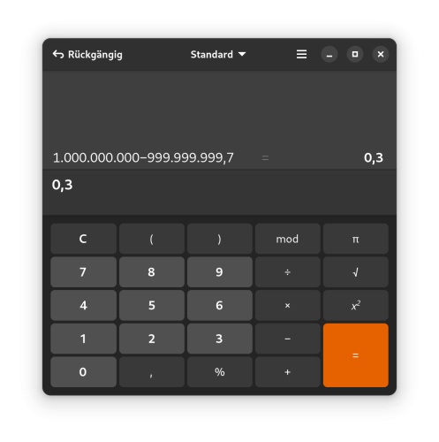 Ein Screenshot vom Taschenrechner aus Gnome, mit der Rechnung und dem korrekten Ergebnis.