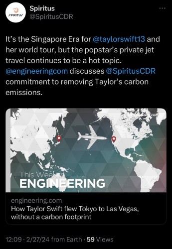 A screenshot of a tweet by "Spiritus" discussing a Taylor Swift’s private jet travel and carbon emissions, with an accompanying article from engineering.com on how she flew from Tokyo to Las Vegas without a carbon footprint.