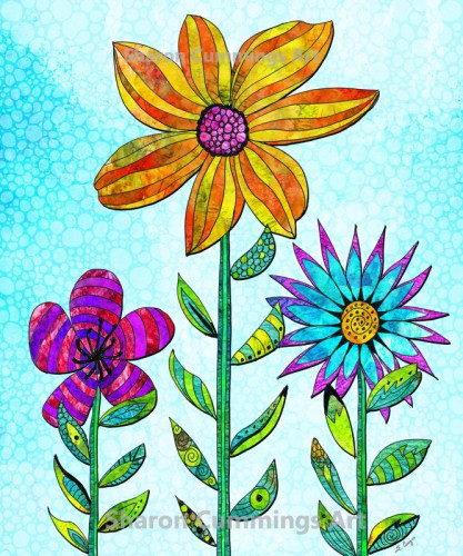 Colorful flowers hand drawn and collaged by artist Sharon Cummings.
