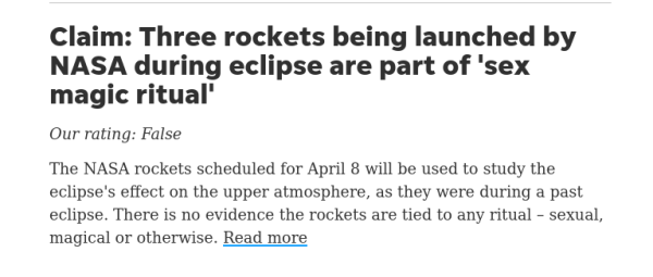 USA Today headline: Claim: Three rockets being launched by NASA during eclipse are part of 'sex magic ritual'