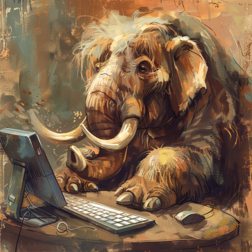 Midjourney AI rendering of a happy Mastodon at a computer.