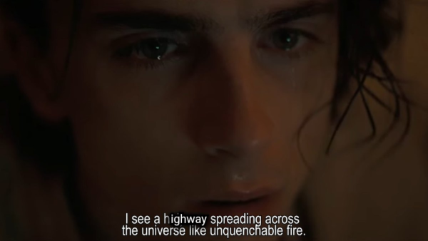 Paul Atreides from the movie Dune in a stilltent having a revelation of holy war spreading like wildfire but this meme changed "holy war" to "highway" because highways have destroyed many cities.