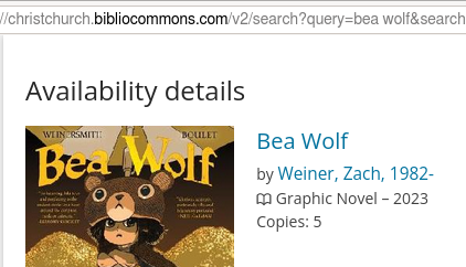 Library catalogue page showing 5 copies of Bea Wolf in the system.