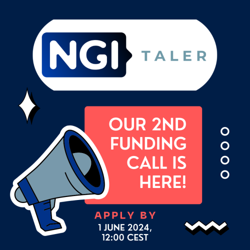 Grey and blue megaphone pointing at a square red banner, which states "Our second funding call is here!" Below this illustration there is a phrase "Apply by 1st June 2024, 12:00 CEST". On the top of the image there is NGI TALER's logo. There is a blue background colour and small graphics like dots, lines and a rhombus in white colour around the red banner.