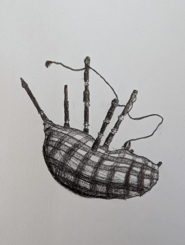 Pencil drawing of bagpipes.