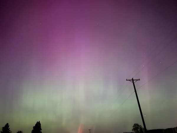 Aurora borealis with shades of purple and green in the night sky, with stars visible and a silhouette of a power line to the right.