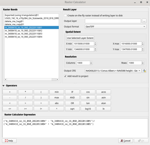 screen shot - QGIS field calculator as part of NDVI analyses