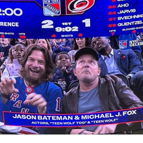 Jason Bateman and Michael J Fox - actors who played Teen Wolf - at a hockey game
