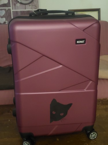 La valise offerte par mes mastochoux,  une valise kono mauve avec un chat noir dessus 