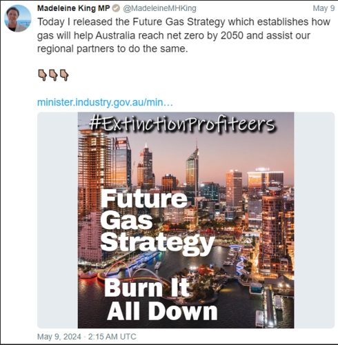 A changed post of ALP Minister Madeleine King. ALP and LNP are a majority fossil fuel funded govt no matter who is in power. The post is mocked up with a cover that is changed to include #ExtinctionProfiteers and to the words 'Future Gas Strategy' the words 'Burn It All Down' to emphaisze that ALP's policies are not in line with any downward or stabilising effect on CO2 atmospheric measurments, hence condemning the planet to even faster warming. Madeleine King's original post says: "Today I released the Future Gas Strategy which establishes how gas will help Australia reach net zero by 2050 and assist our regional partners to do the same"