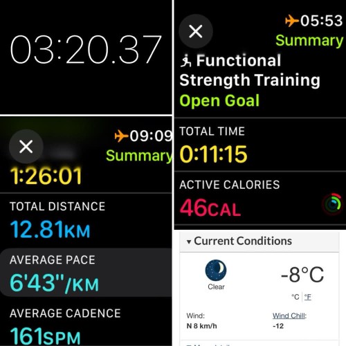 Four iOS screenshots:
1) Timer app showing 3:20.37

2)  Apple Fitness Strength training Details: Total time: 11:15, 45 Active calories

3) Apple Fitness Running Details
Total Time: 1:26:01
Total Distance: 12.81 KM
Average Pace: 6’43”/KM
4) Environment Canada site showing -8°C with a windchill of -12°C, and a N 8 km/hr wind