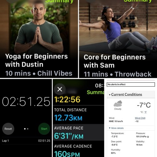 Five iOS screenshots:
1) Timer app showing 2:51.25

2) Apple Fitness+ Yoga for Beginners with Dustin

3) Apple Fitness+ Core for Beginners with Sam

4) Apple Fitness Running Details
Total Time: 1:22.56
Total Distance: 12.73 KM
Average Pace: 6’31”/KM

5) Environment Canada site showing -7°C with a windchill of -12°C, and aNNE 10 km/hr wind