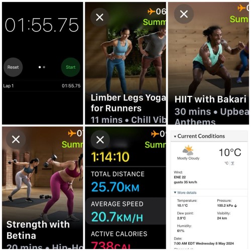 iOS screenshots:
1) Timer app showing 1:55.75

2) Apple Fitness Limber Legs Yoga for runners, 11 minutes

3) Apple Fitness HIIT with Bakari, 30 minutes

4) Apple Fitness Strength with Betina, 20 minutes

5) Apple Fitness Cycling Details
Total Time: 1:14:10
Total Distance: 25.70 KM
Average speed:20.7 KM/hr

6) Environment Canada site showing 10°C and22   km/hr wind, gusting to 35km/hr.