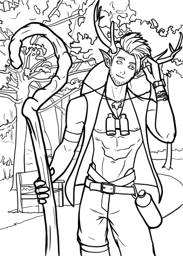 Lineart of a park ranger on a path. He's got antlers and pointed ears and he's holding a crooked staff in one hand.