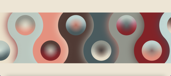 Interlocking row of tree-like shapes with gradient-filled orbs in rounded part. Palette in pinks, blues, browns and reds.