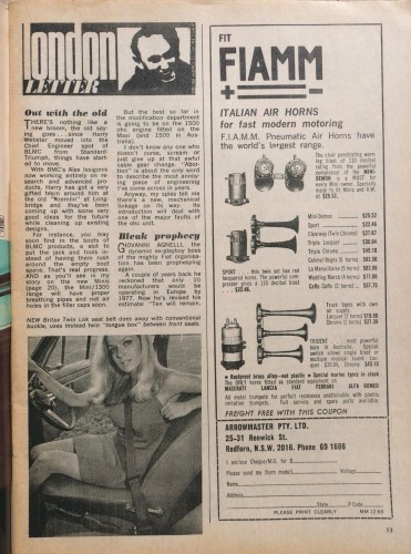 Ad for Italian air horns for Italian cars and a column called London Letter