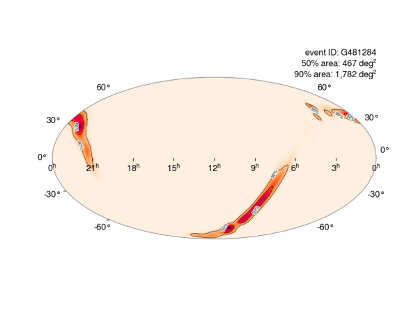 Map of the entire sky, on which areas marked in orange colour scale indicate the direction from which the gravitational wave most likely came.