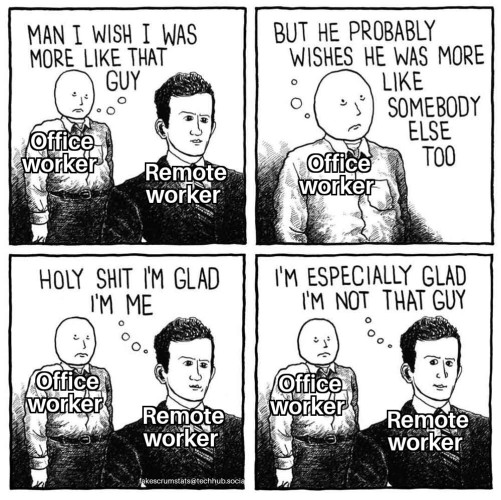 4 panel comic
First panel: man labeled "office worker" stands being a other man labeled "remote worker" while thinking "Man I wish I was more like that guy"

Second panel: Office worker thinks "But he probably wishes he was more like somebody else too"

Third panel: Remote worker thinks "Holy shit I'm glad I'm me"

Fourth panel: Remote worker thinks "I'm especially glad I'm not that guy" 