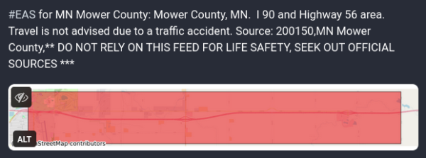 Traffic advisory that went out for Mower County, MN