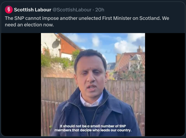 Scottish Labour: "The SNP cannot impose another unelected First Minister on Scotland."