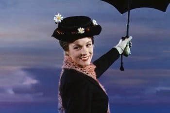 Julie Andrews as Mary Poppins flying holding an umbrella
