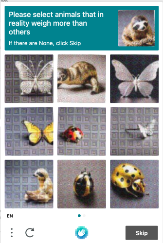 Image shows a ludicrous, nonsensical AI-generated CAPTCHA that asks the user to "Please select animals that in reality weigh more than others"