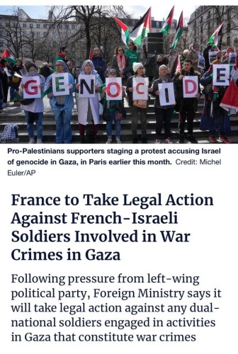 Post informing France will take legal action against IDF soldiers returning from Gaza war crime. 
