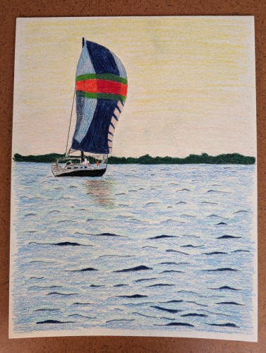 Colored pencil drawing of a sailboat on water.