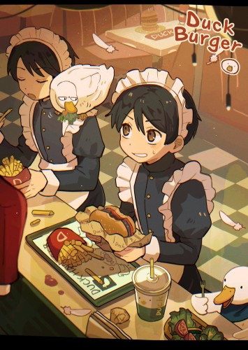 Anime boys eating burgers and a goose