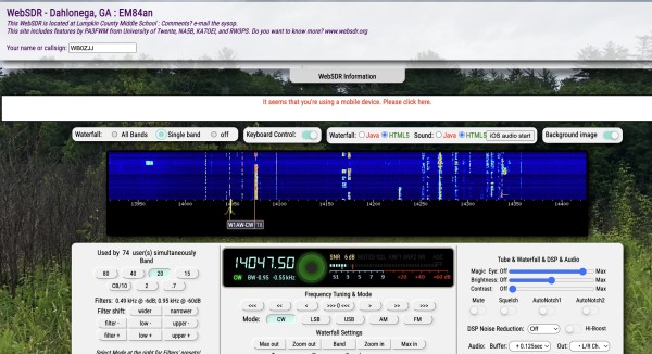Web SDR tuned to W1AW code practice broadcast on 20 meters Amateur Band