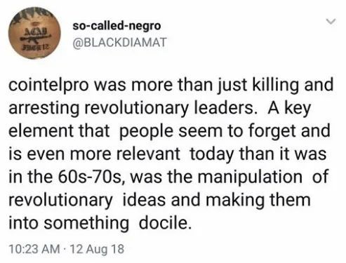A tweet from @BLACKDIAMAT:
Cointelpro was more than just killing and arresting revolutionary leaders. A key element that people seem to forget and is even more relevant today than it was in the 60s-70s, was the manipulation of revolutionary ideas and making them into something docile.